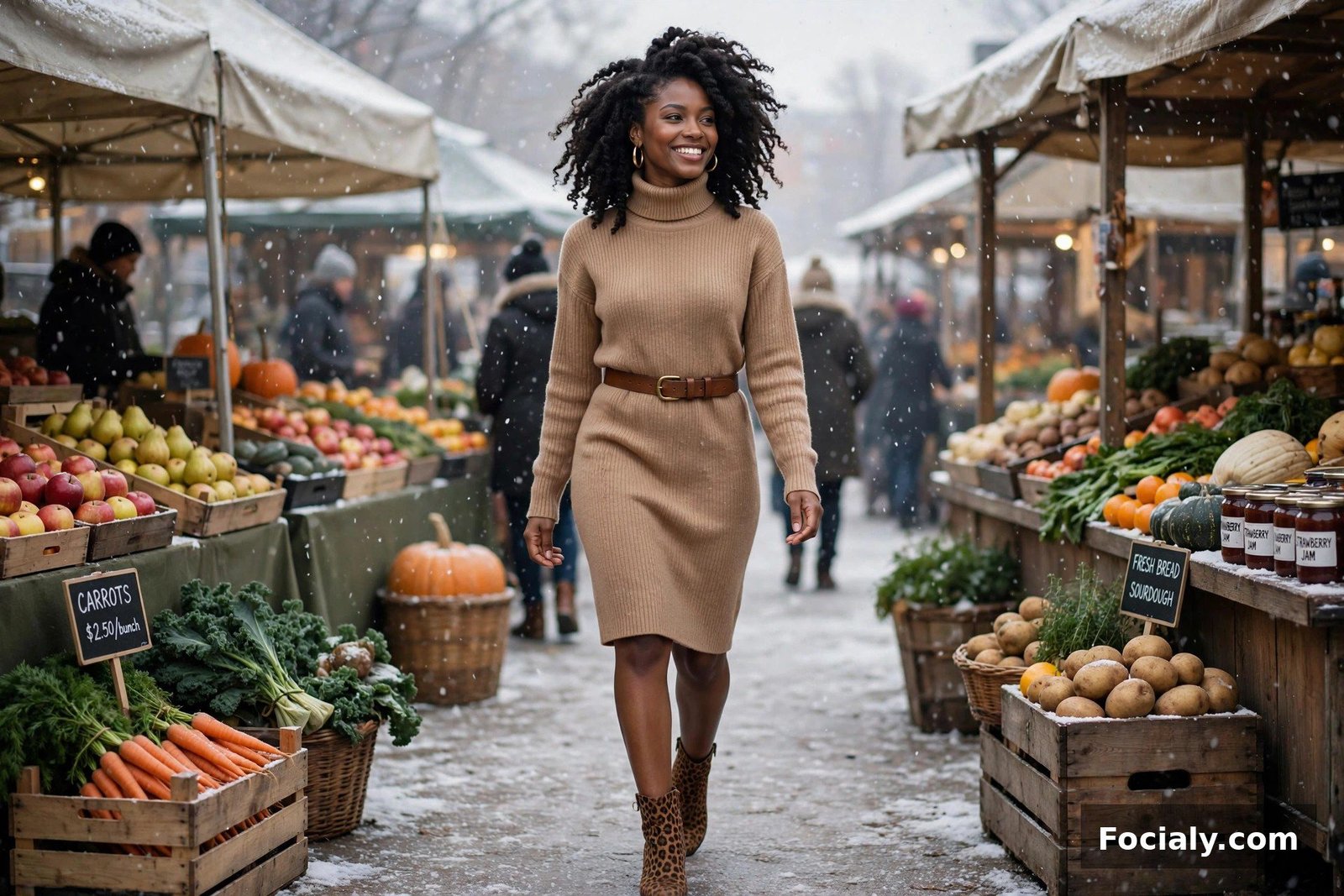 Black woman in a camel sweater dress and leopard boots at a snowy farmers' market