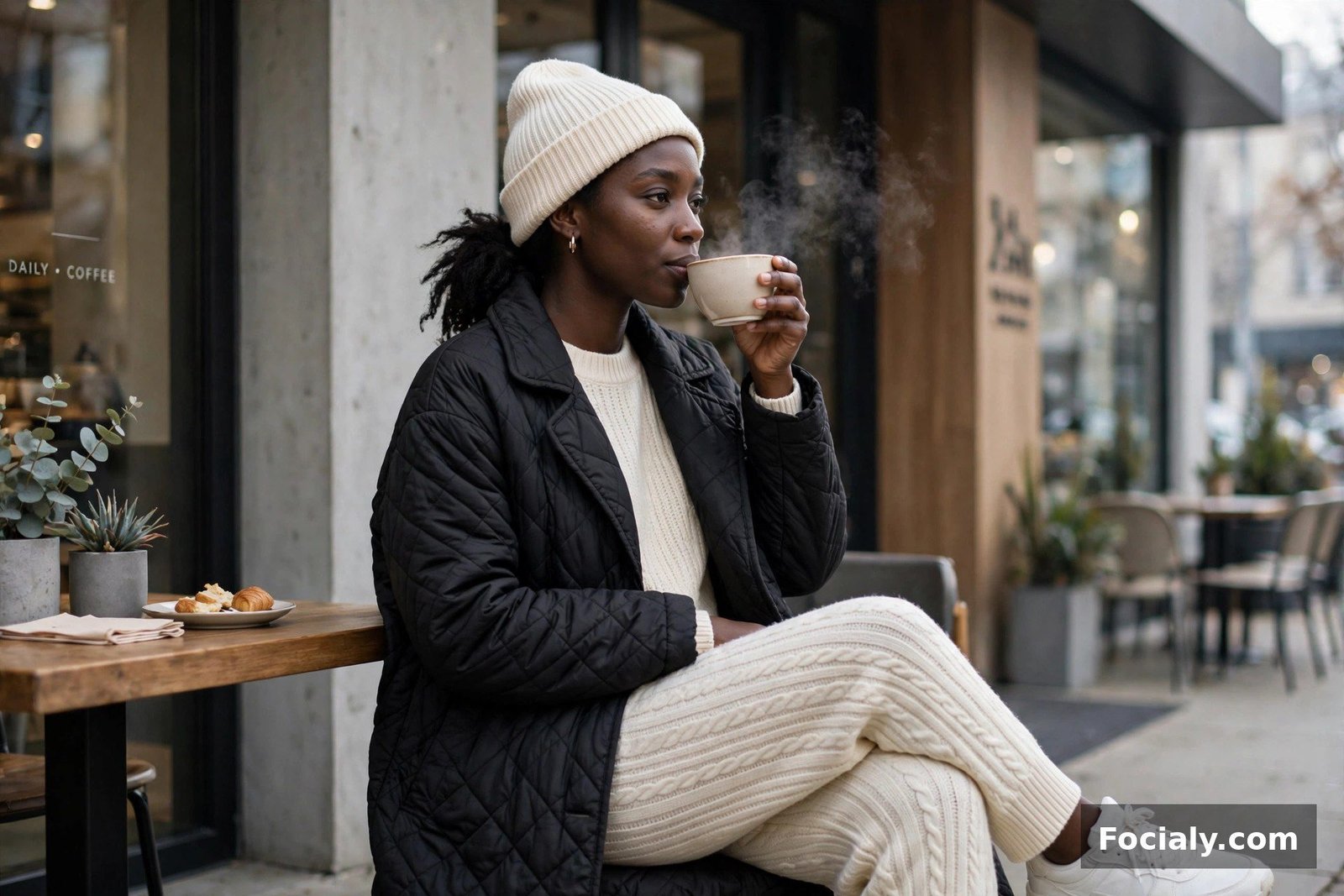 Black woman in a black quilted coat and cream knit set with coffee outside a café