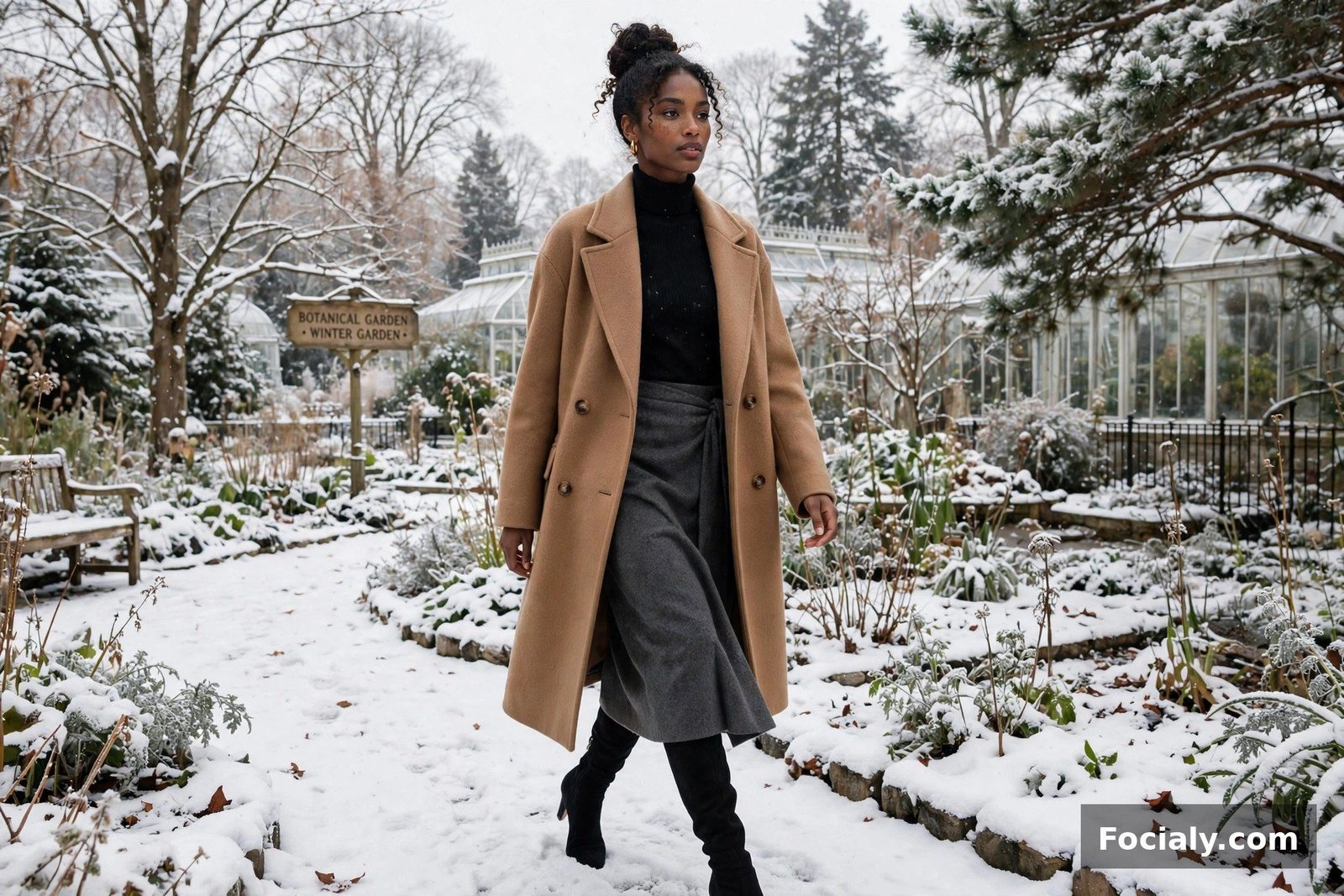 Black woman in a camel coat and grey wrap skirt with over-the-knee boots in a snowy garden