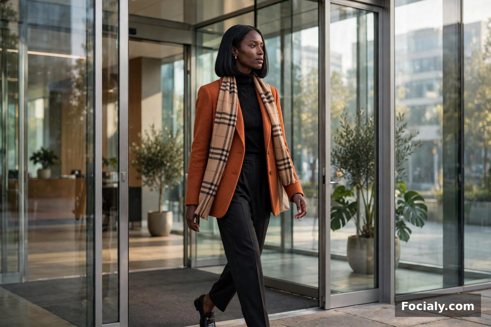 Black woman in a terracotta blazer and plaid scarf entering an office building