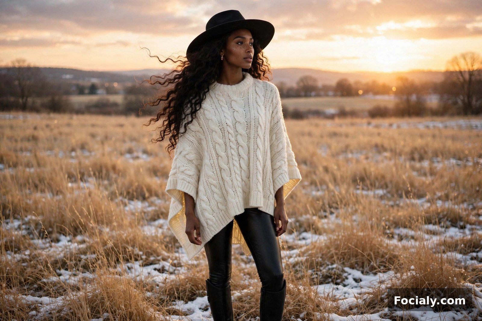 Black woman in an ivory cable poncho, riding boots and felt hat in a snowy field at sunset