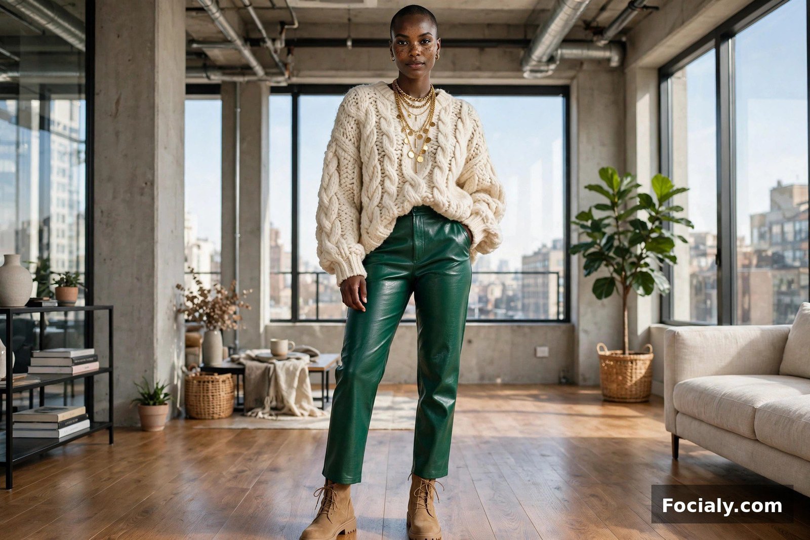Black woman with a buzz cut in emerald leather pants and cream sweater in a bright loft