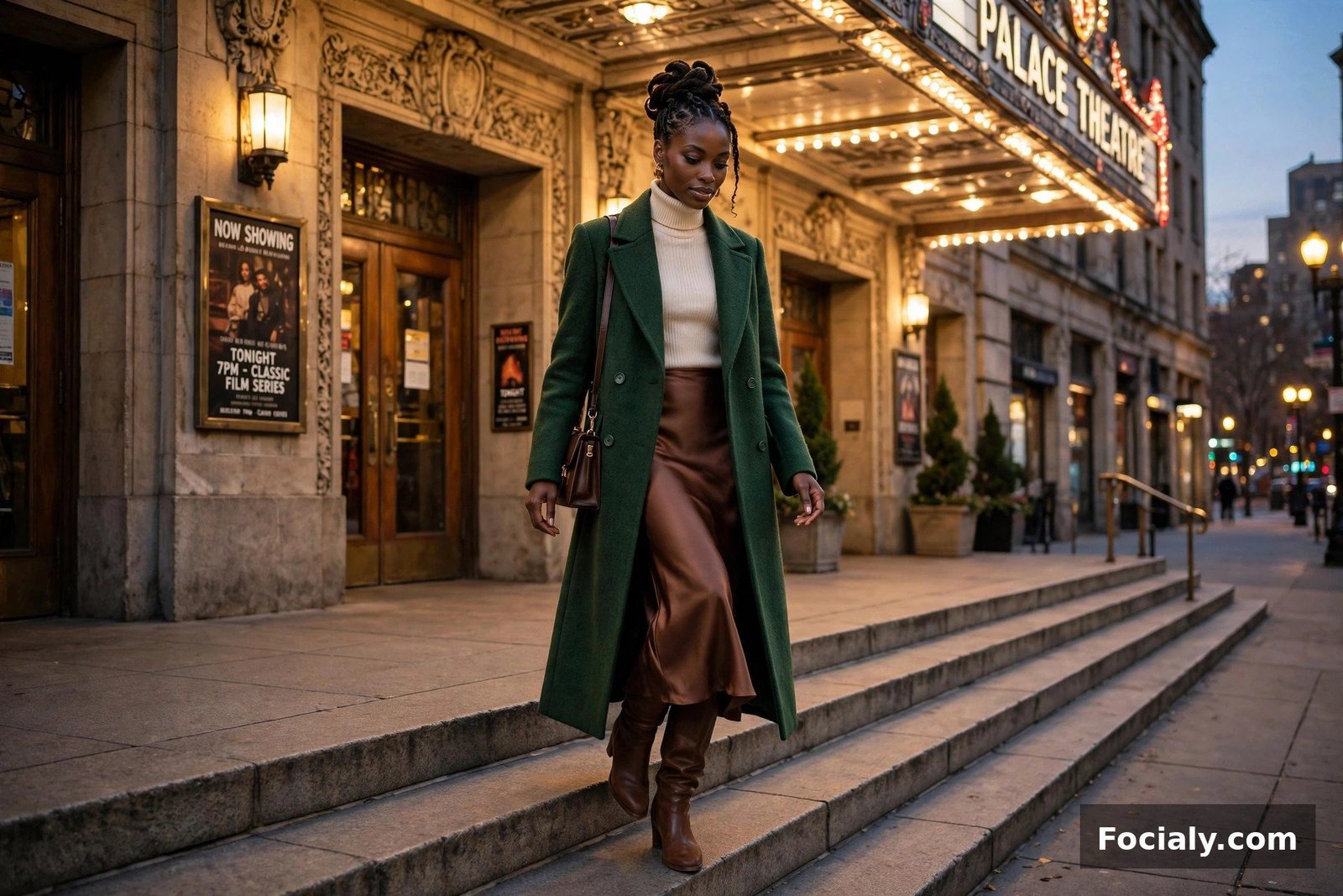 Black woman in a forest-green coat and cocoa satin skirt on theater steps at night