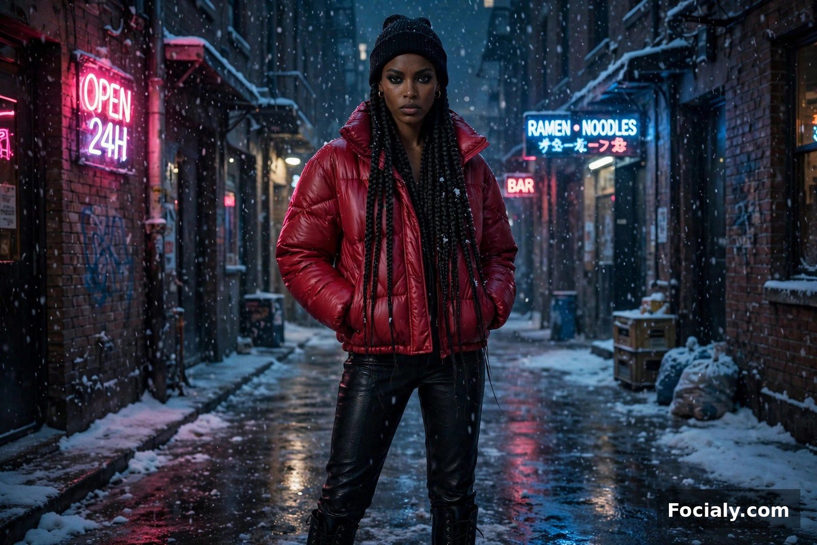 Black woman in a cranberry puffer and leather pants in a snowy neon alley at night