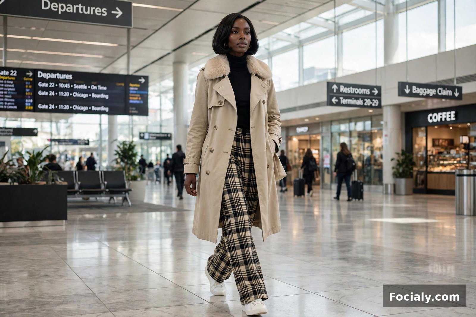 Black woman in a beige trench with fur collar and plaid trousers in an airport terminal