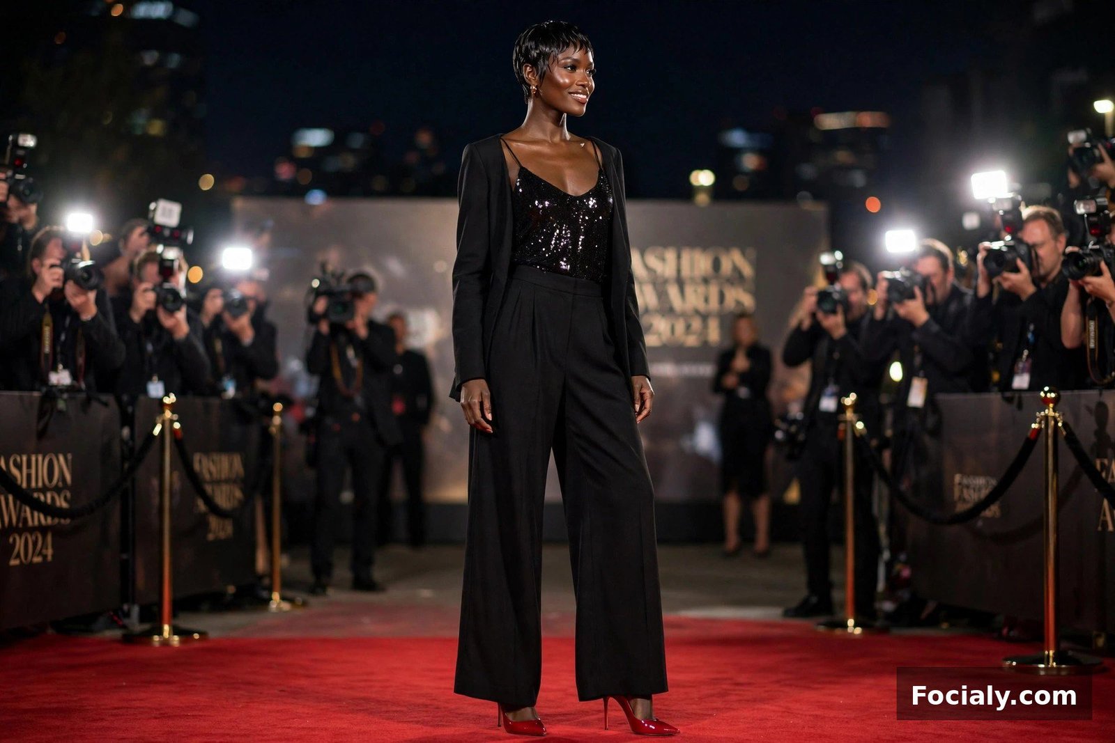 Black woman in a black sequin top and blazer with red heels on a red carpet