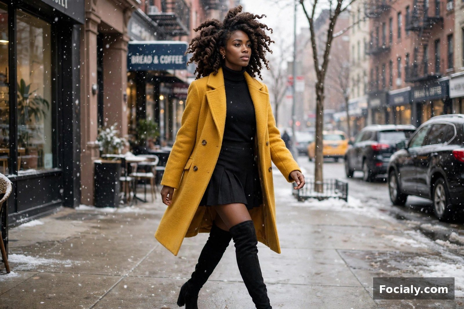 Black woman in a mustard wool coat, black mini skirt and over-the-knee boots in falling snow