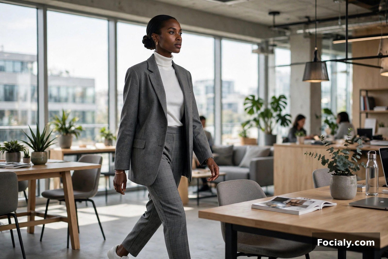 Black woman in a grey oversized blazer and plaid trousers in a modern office