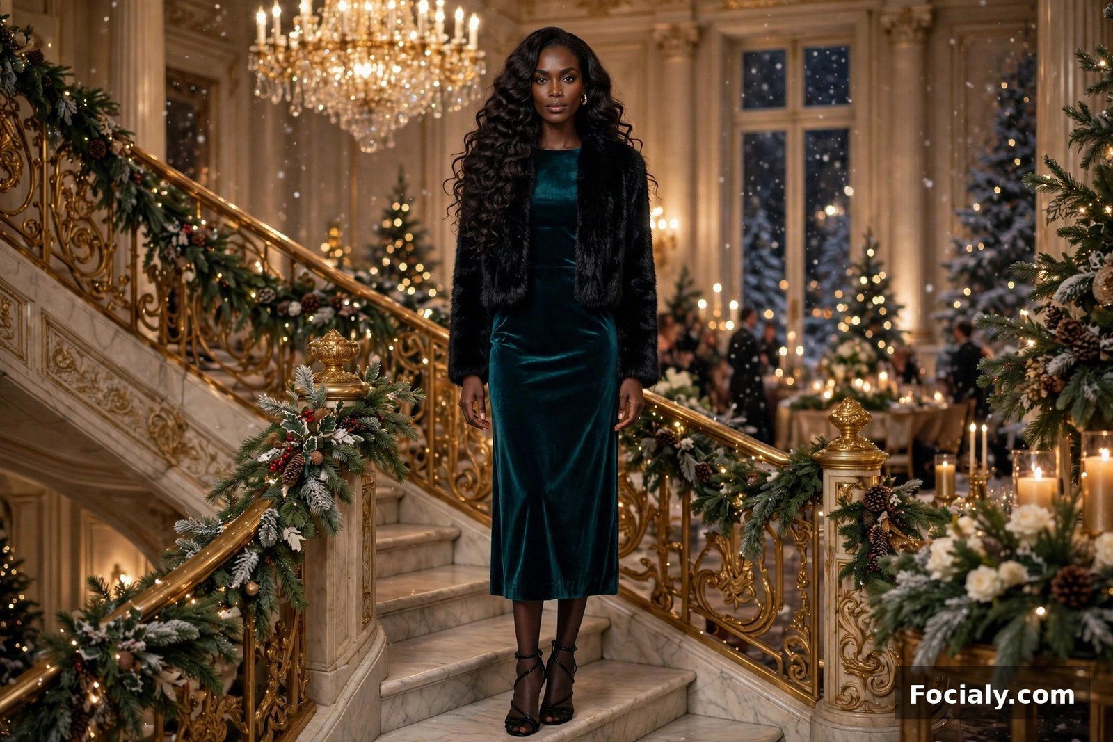 Black woman in a teal velvet dress and faux fur jacket on a grand staircase at a gala
