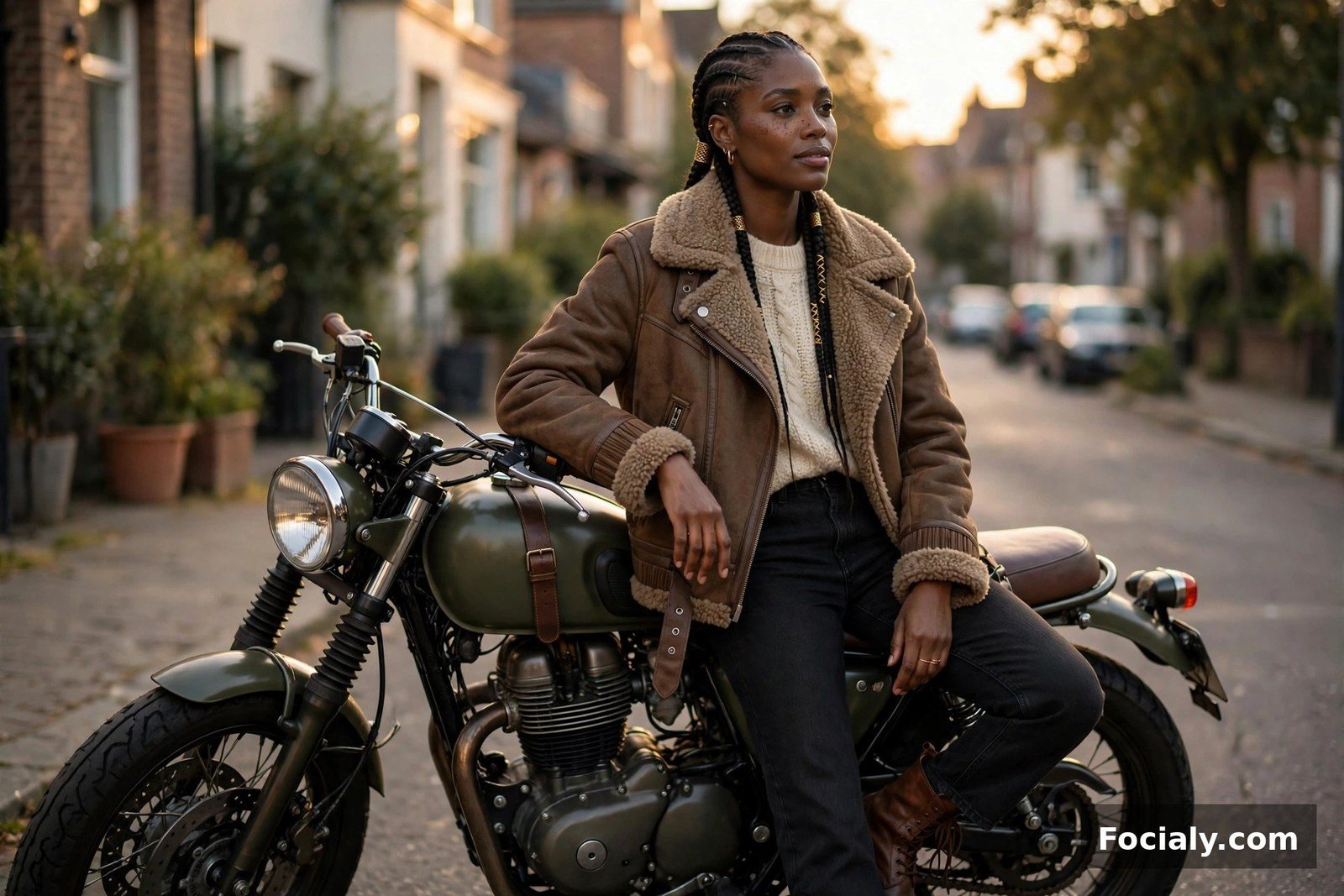 Black woman in a brown shearling aviator jacket leaning against a motorcycle at golden hour