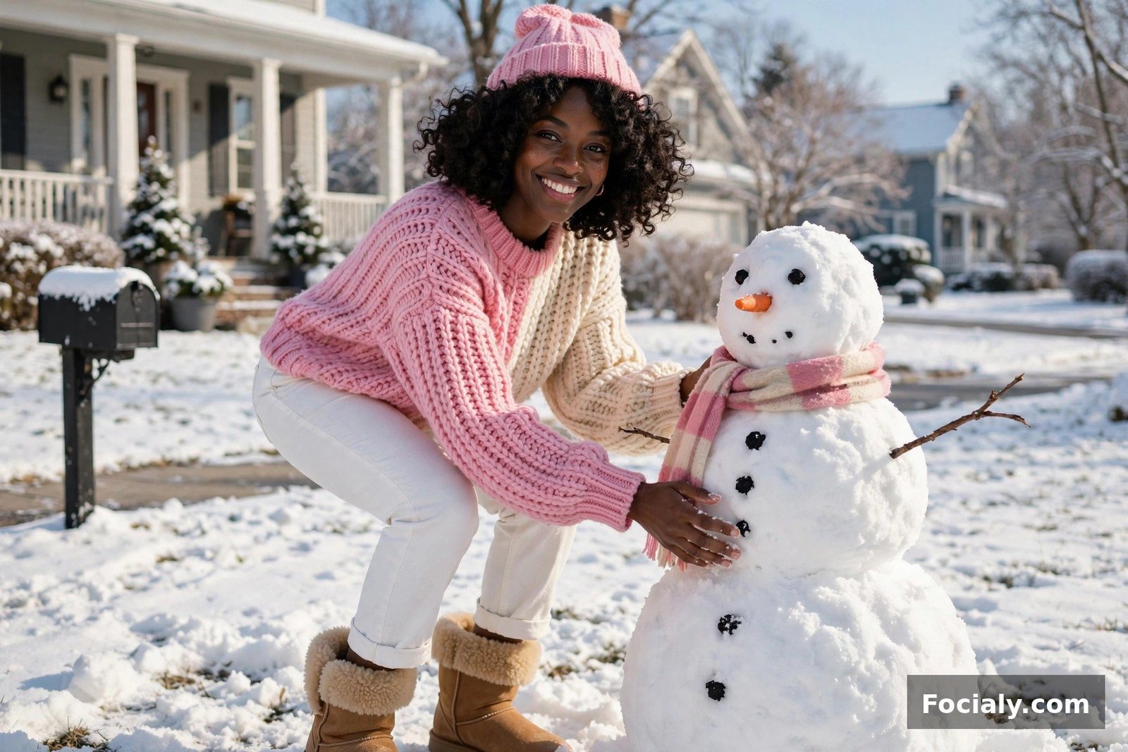 Black woman in a pink color-block knit sweater and white jeans building a snowman