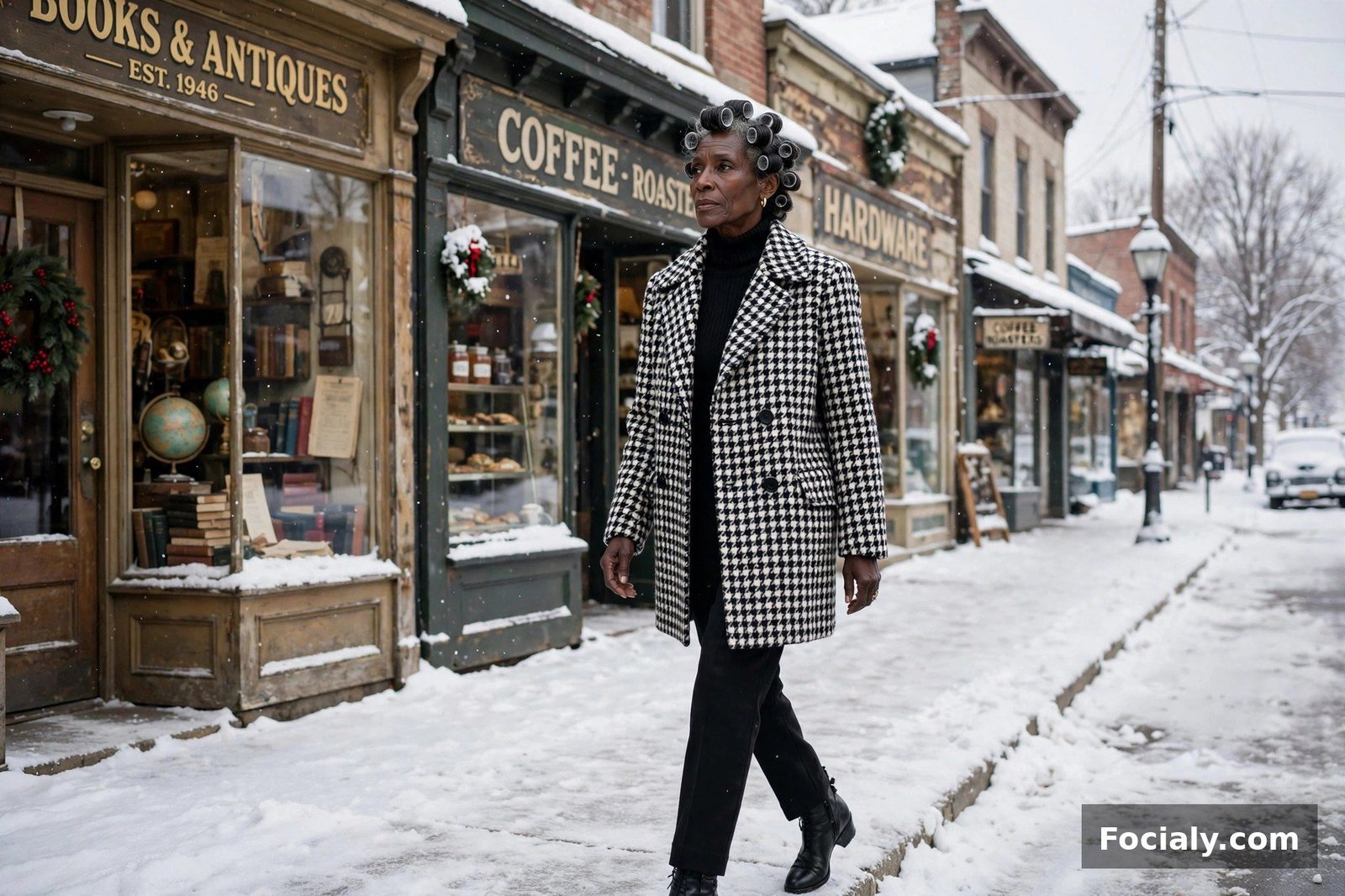 Black woman in a houndstooth wool coat walking past vintage storefronts on a snowy street
