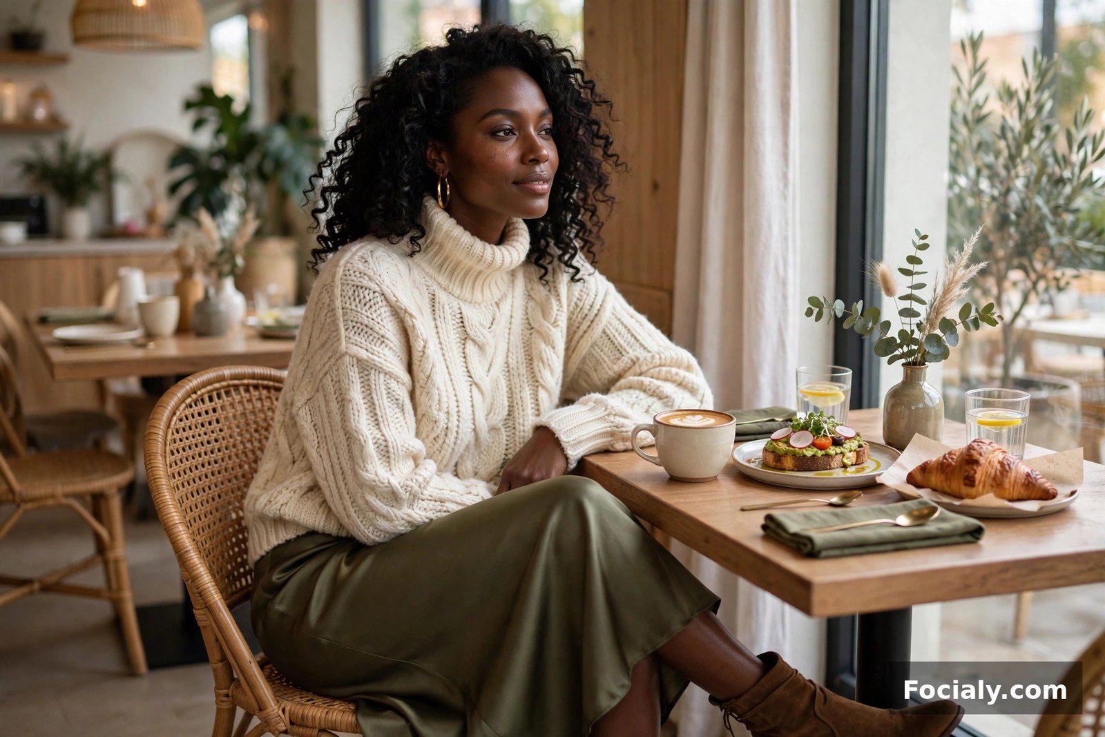 Black woman in an olive satin skirt and cream turtleneck at a brunch restaurant window