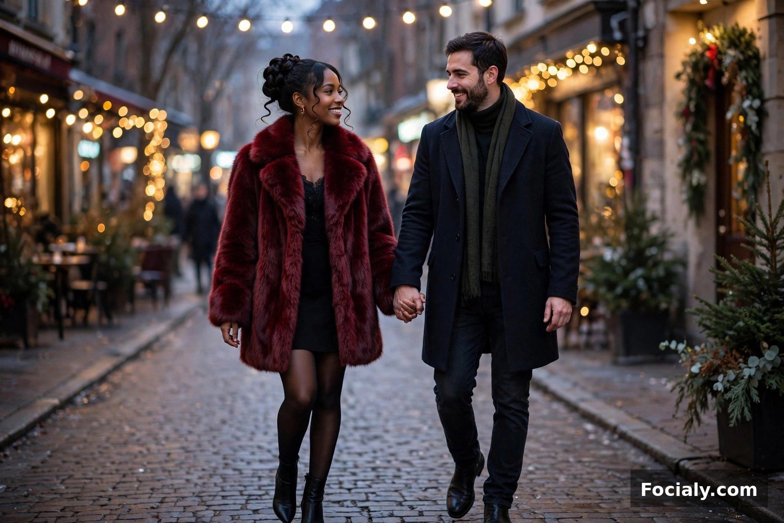 Black woman in a wine faux fur coat and black dress under string lights on a winter date night