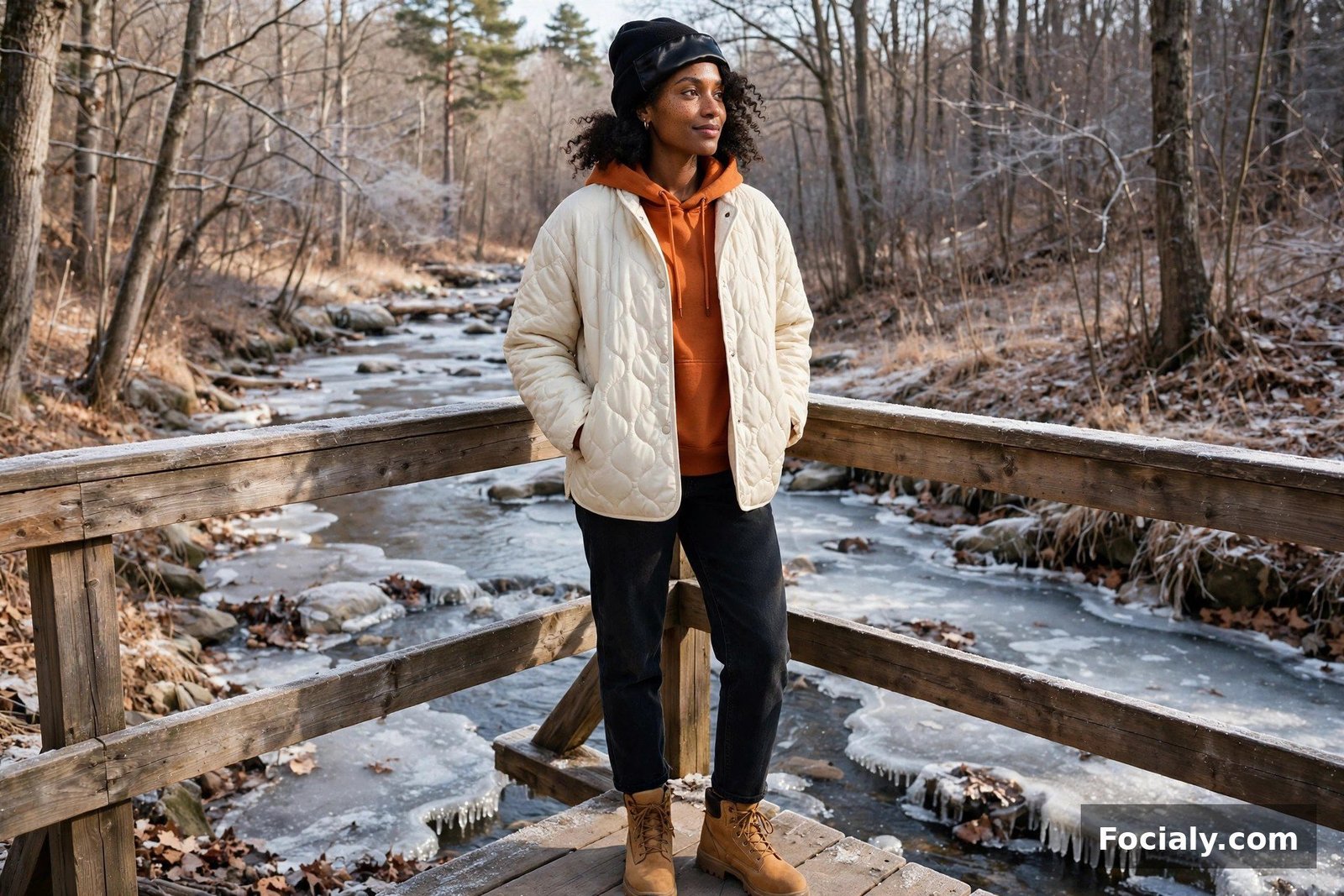 Black woman in a cream quilted jacket and burnt-orange hoodie on a bridge over a frozen creek