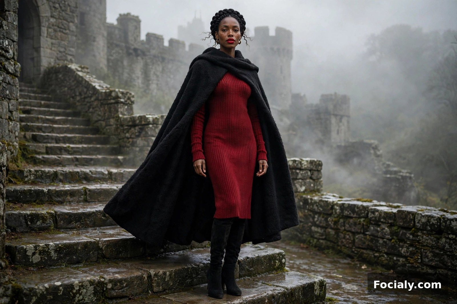 Black woman with a crown braid in a black wool cape and red knit dress on stone steps
