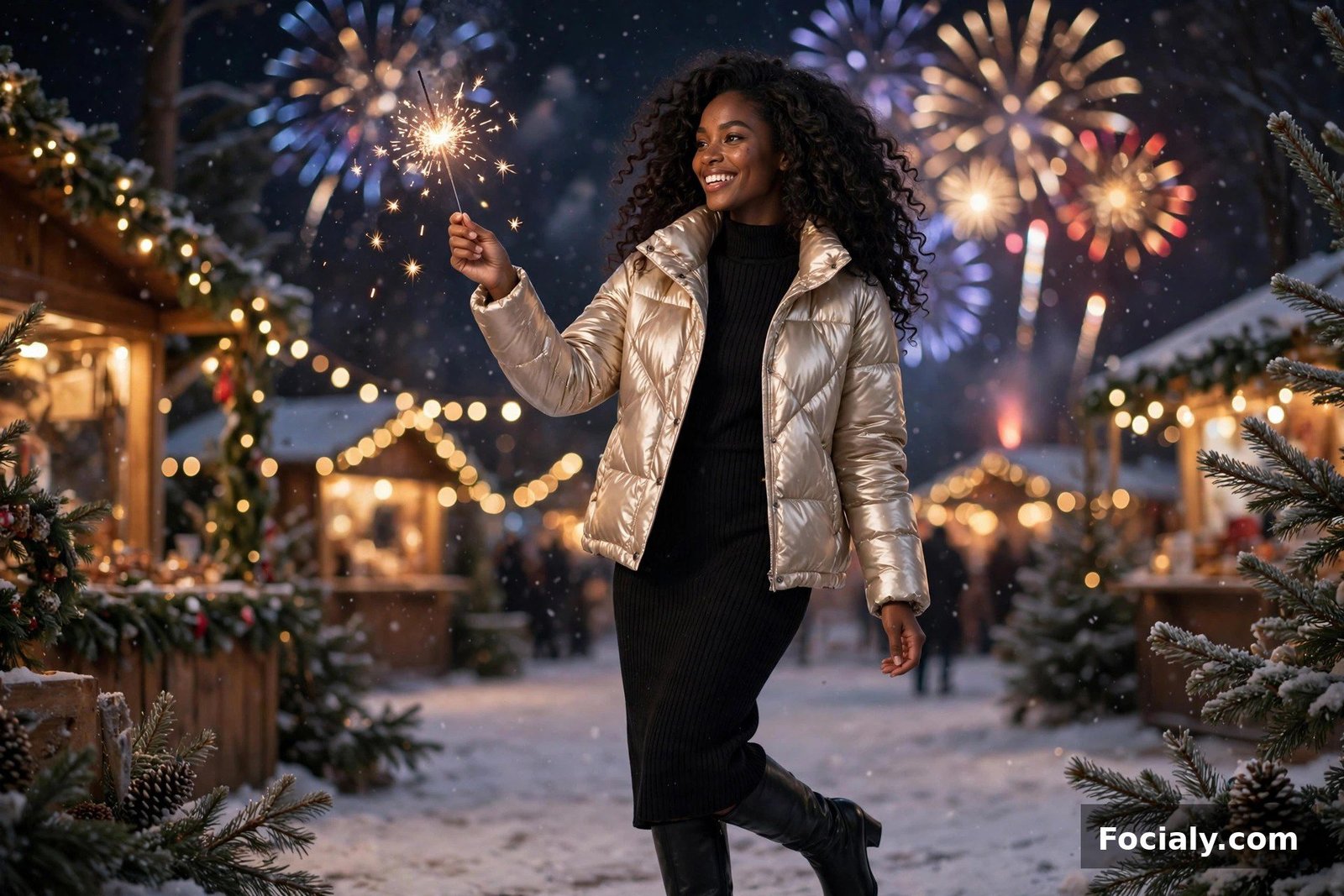 Black woman in a champagne metallic puffer holding a sparkler at a winter celebration
