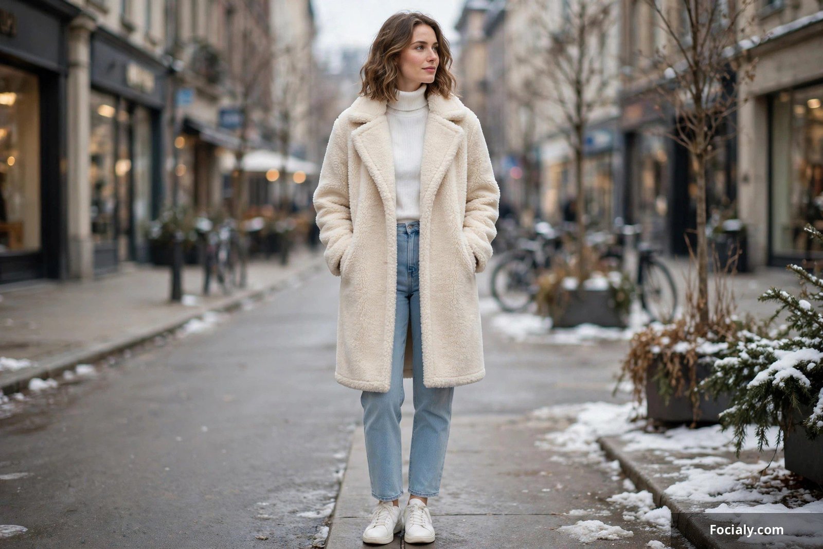 Woman wearing a cream teddy fleece coat with a white turtleneck, light-wash jeans and tan ankle boots on a snowy street