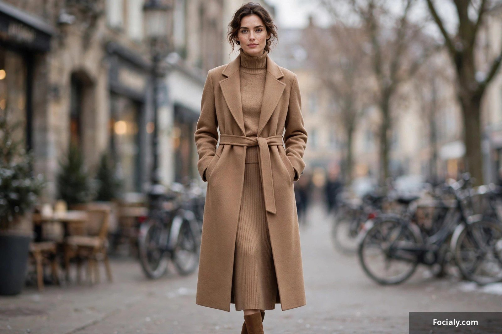 Woman in a long camel wool coat over a matching camel knit top and skirt set