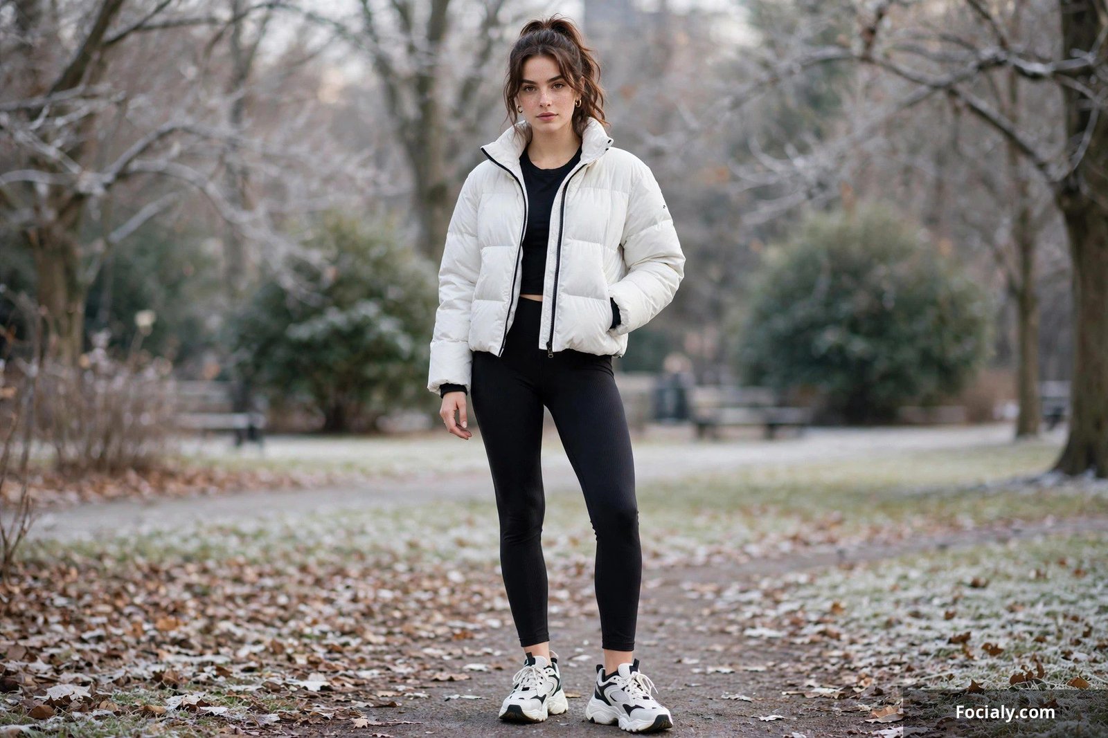 Woman in a white cropped puffer jacket with black thermal leggings, chunky sneakers and a knit headband
