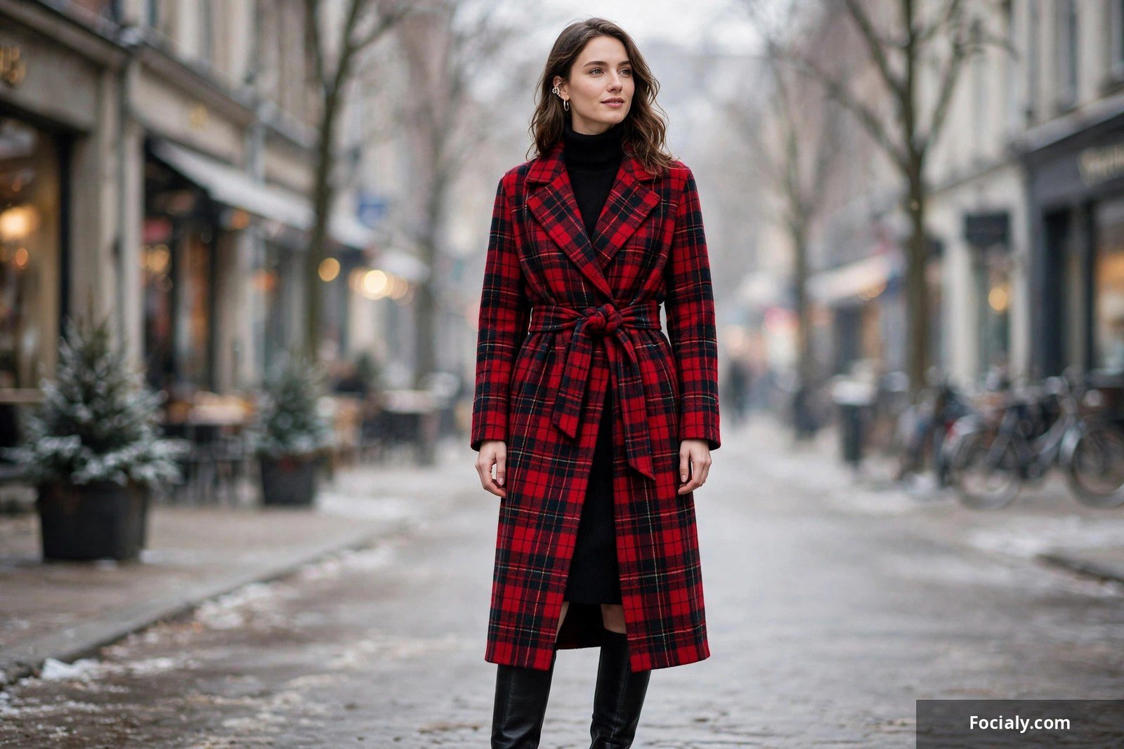 Woman wearing a red and black plaid wrap coat over a black turtleneck sweater dress with ankle boots