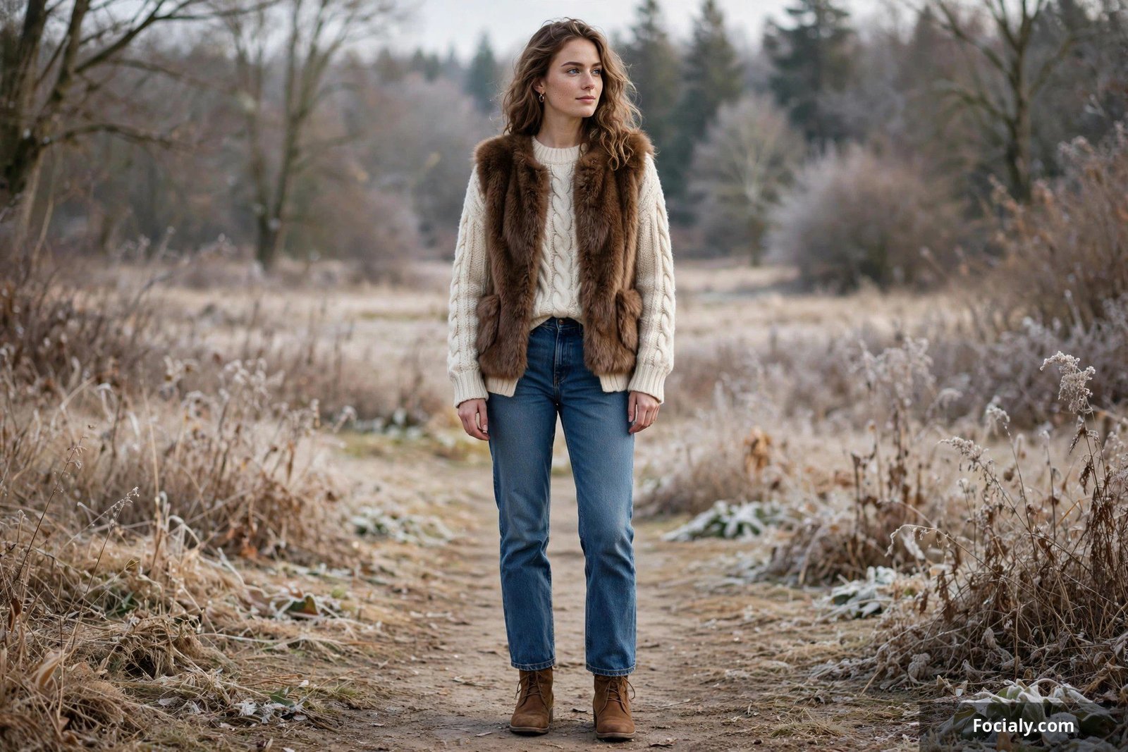Woman in a brown faux fur vest layered over a cream cable-knit sweater with dark jeans and suede boots