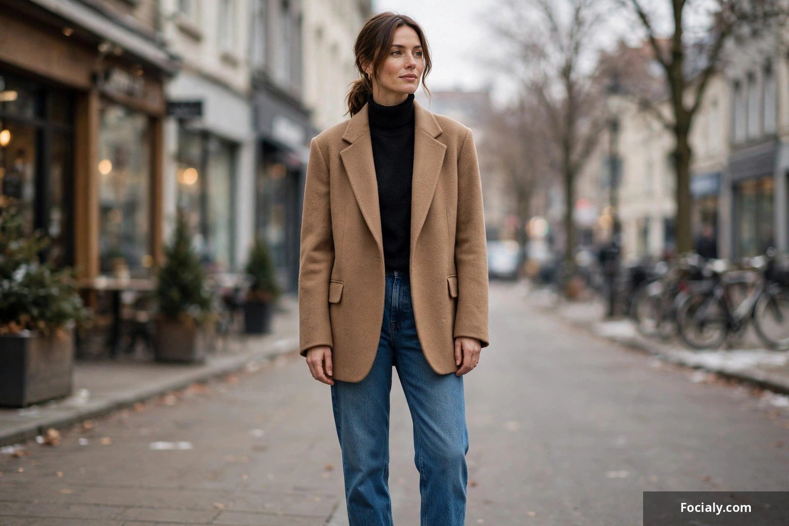 Woman wearing an oversized camel blazer over a black turtleneck with straight-leg jeans and heeled boots