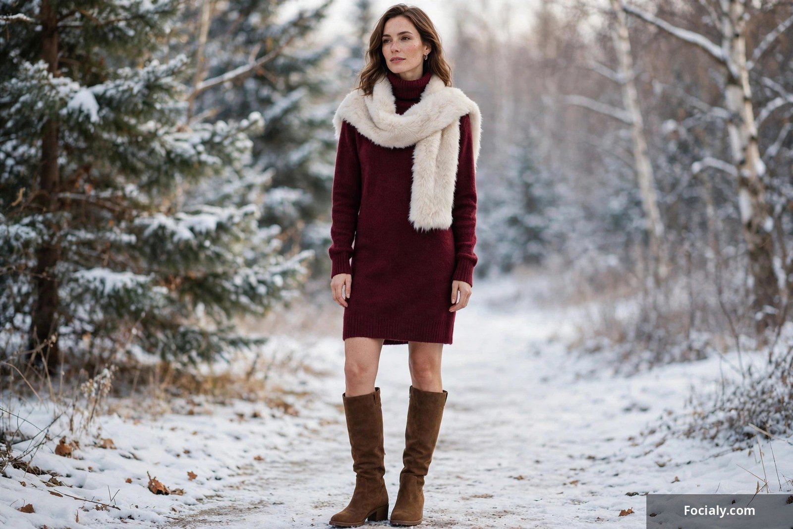 Woman wearing a burgundy turtleneck sweater dress with a faux fur scarf and heeled knee boots