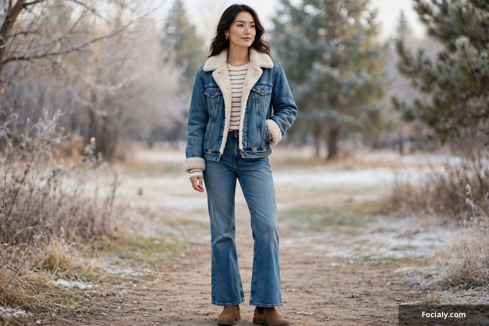 Woman in a shearling-lined denim trucker jacket with a striped thermal top, dark flared jeans and white sneakers