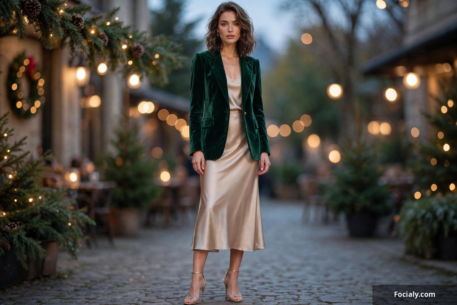 Woman wearing an emerald velvet blazer with a champagne satin slip skirt, strappy heels and a clutch at a holiday party