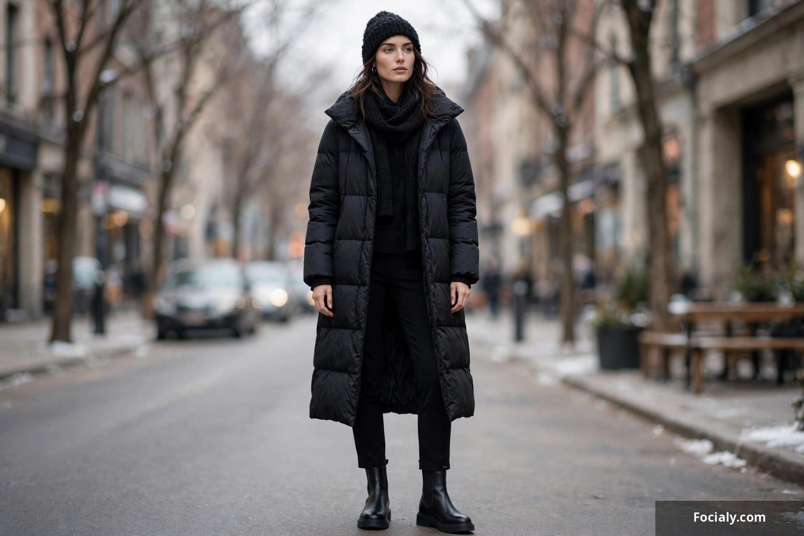Woman in an all-black outfit with a longline puffer coat, knit beanie, chunky scarf and combat boots on a city street