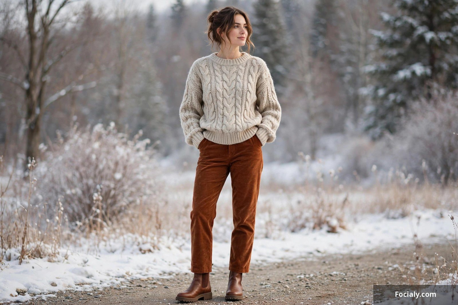 Woman wearing an oatmeal chunky cable-knit sweater with rust corduroy wide-leg pants and lace-up boots