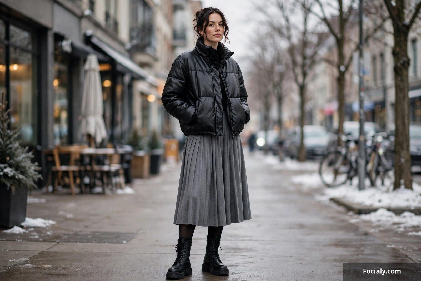 Woman in a black faux leather puffer jacket with a grey pleated midi skirt and sock boots