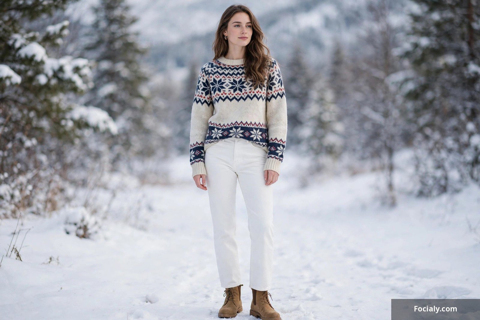 Woman wearing a Nordic fair isle knit sweater with white jeans and tan shearling boots in a snowy setting