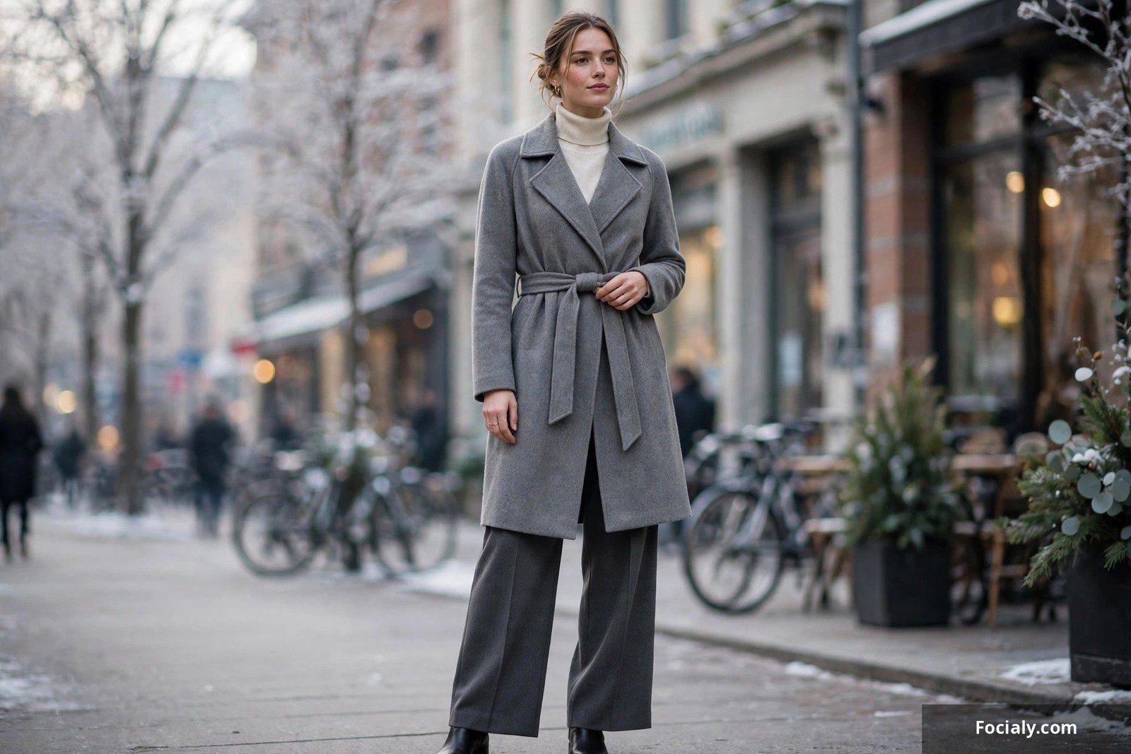 Woman in a grey wool wrap trench coat with a cream turtleneck, charcoal wide-leg trousers and ankle boots