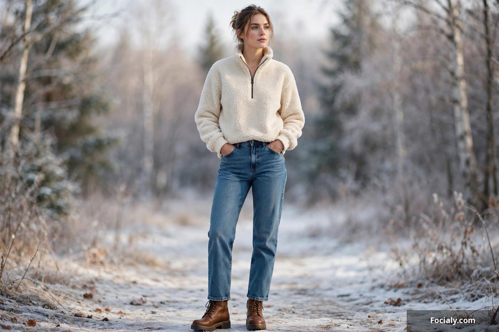 Woman wearing a cream sherpa fleece half-zip pullover with high-rise jeans and cozy winter boots on a coffee run