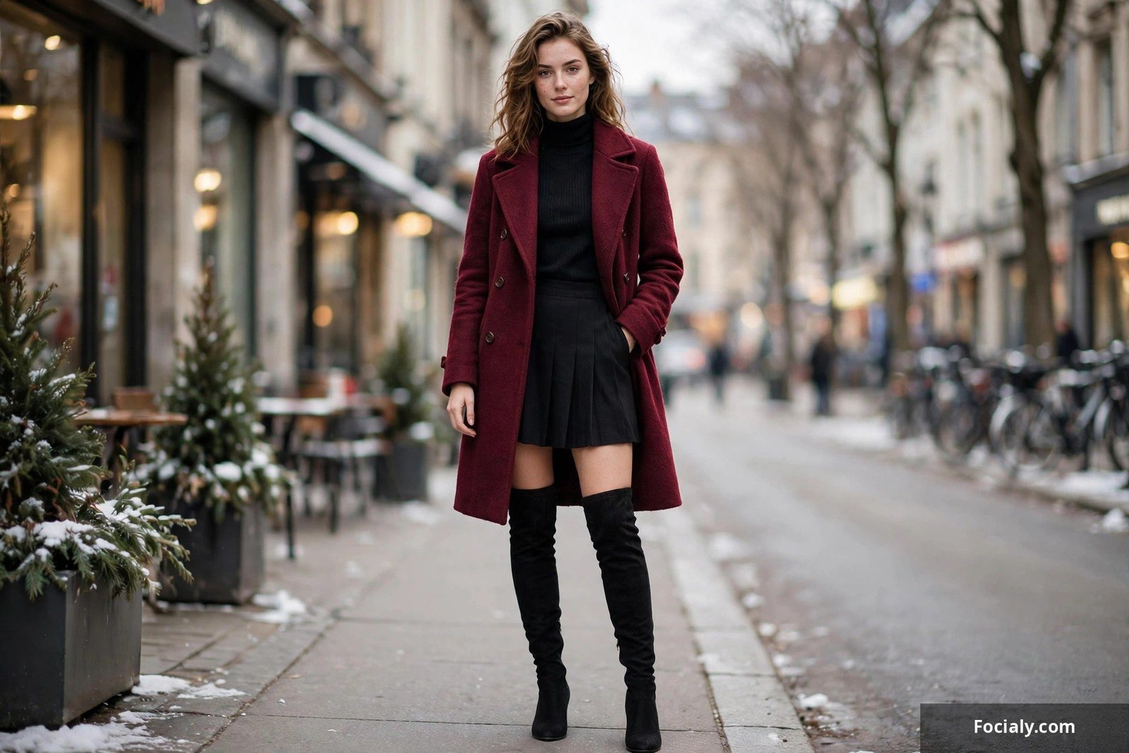 Woman in a burgundy wool coat with a black turtleneck, black mini skirt, black over-the-knee boots and a beret