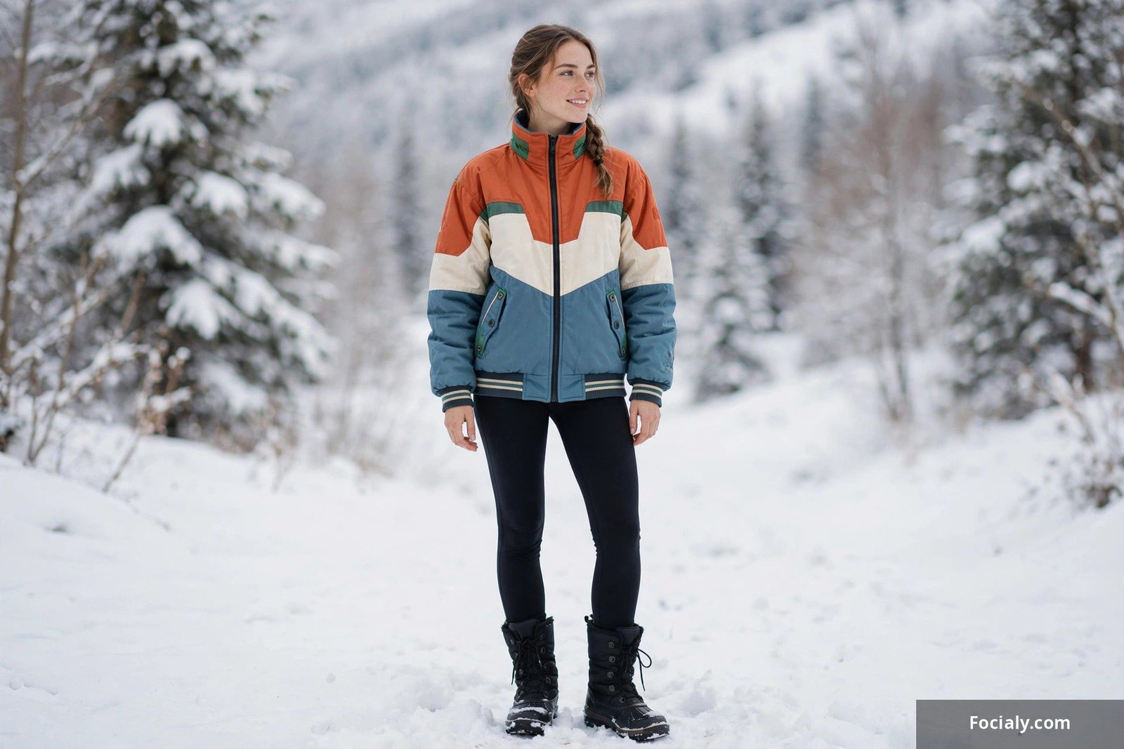 Woman wearing a retro color-block ski jacket with black thermal leggings, snow boots and a beanie on snowy slopes