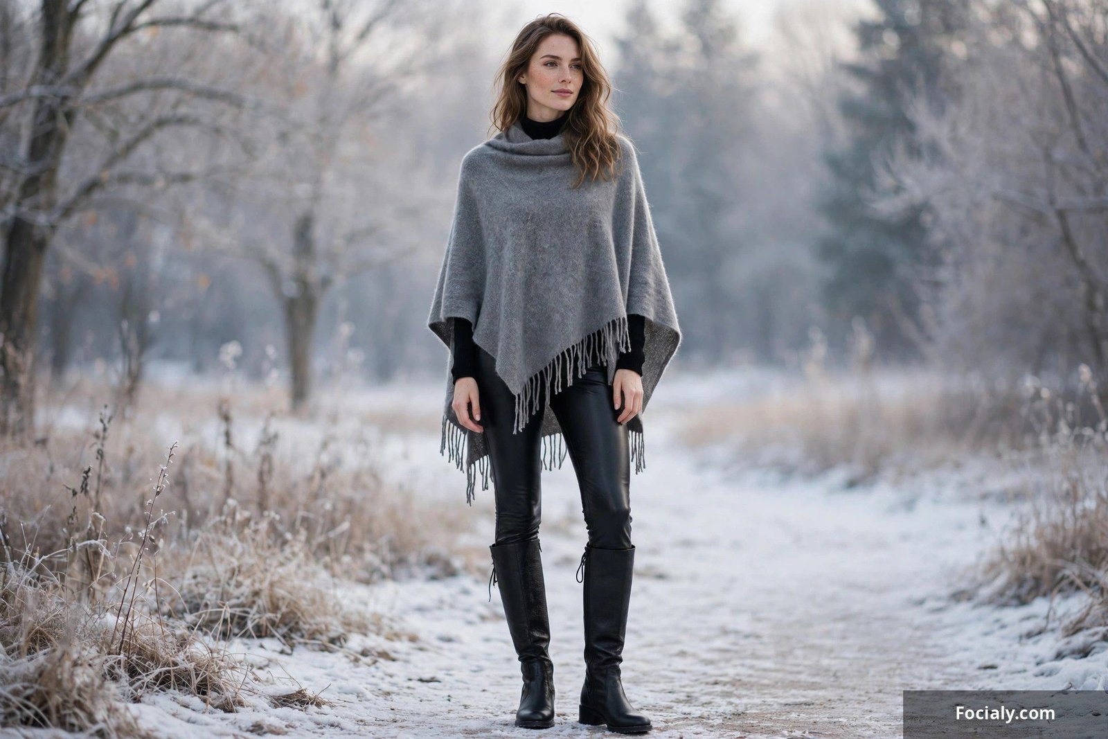 Woman wearing a grey cashmere poncho with faux leather leggings and tall black boots