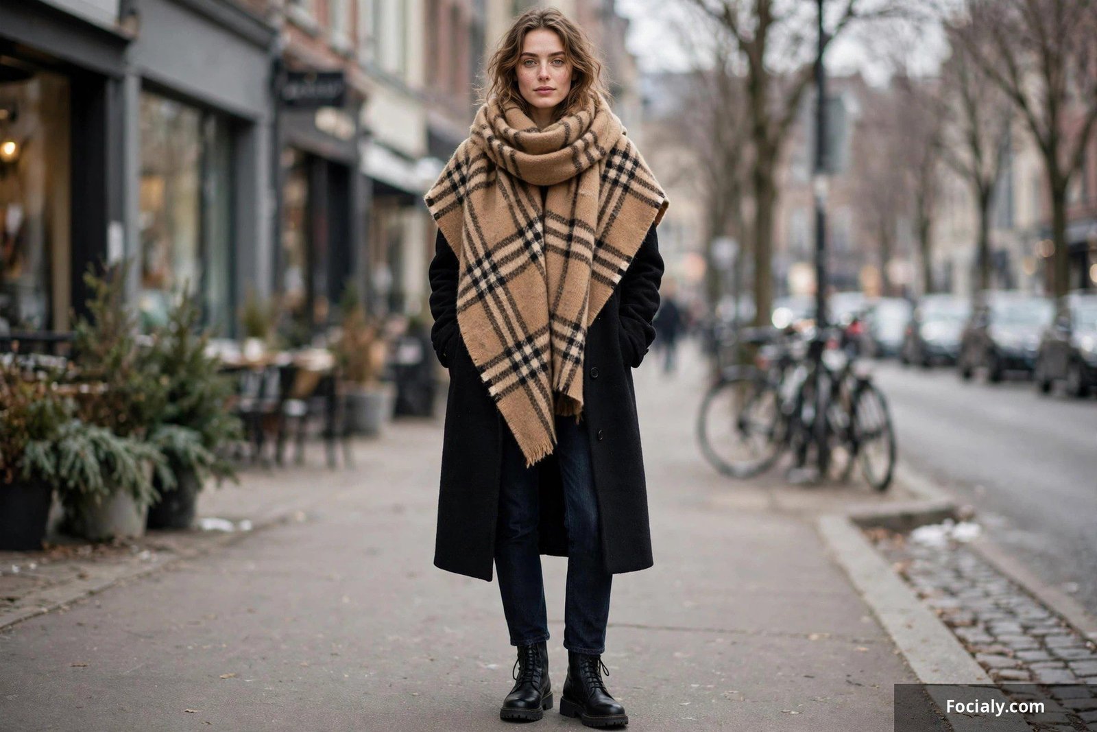 Woman wearing an oversized camel plaid scarf with a black wool coat, dark jeans and ankle boots
