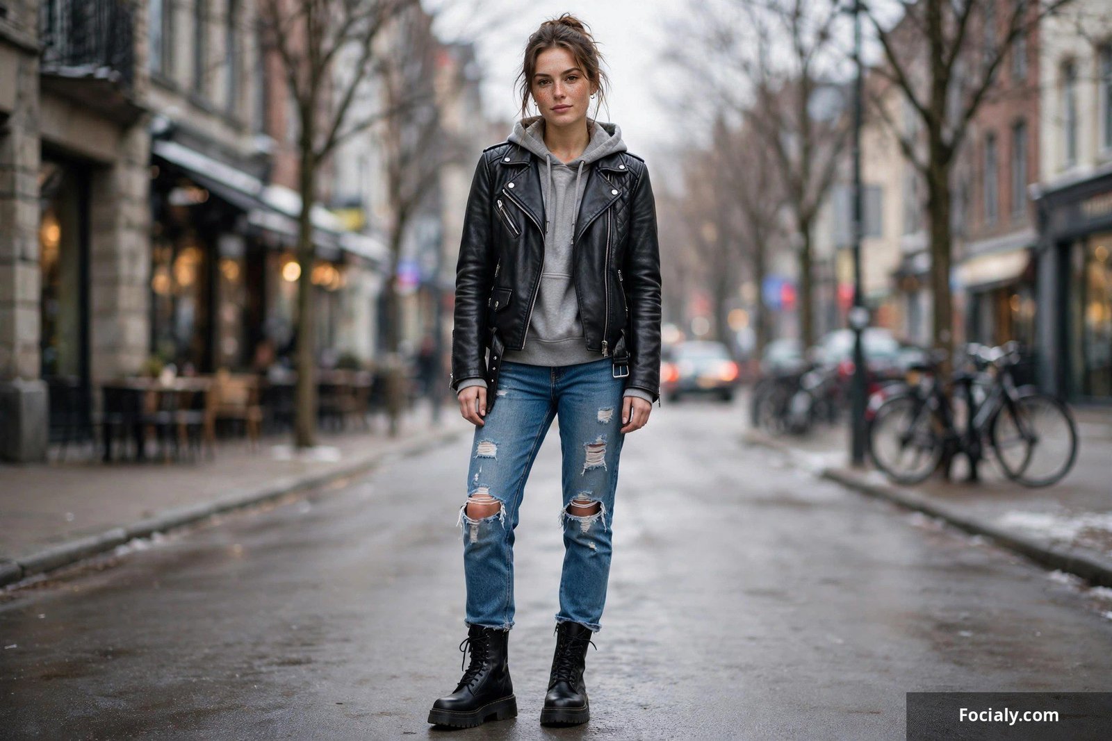 Woman in a black moto leather jacket layered over a grey hoodie with ripped black jeans and combat boots