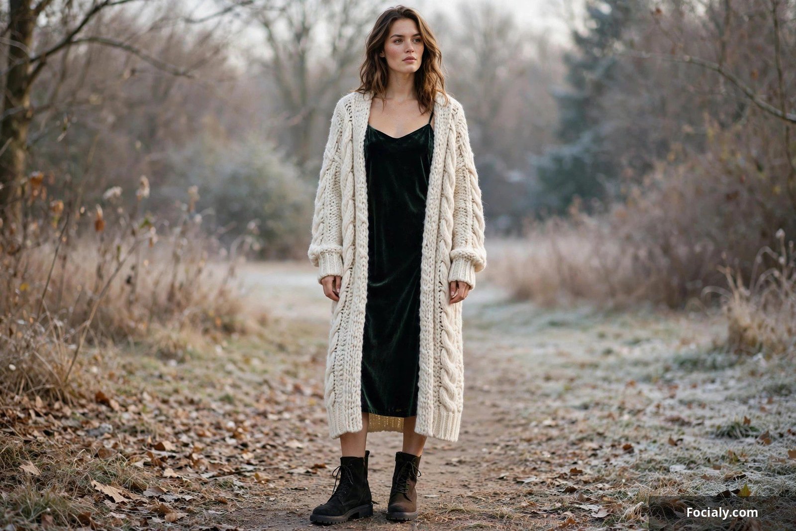 Woman wearing a longline chunky cardigan over a dark velvet slip dress with heeled ankle boots for a winter evening