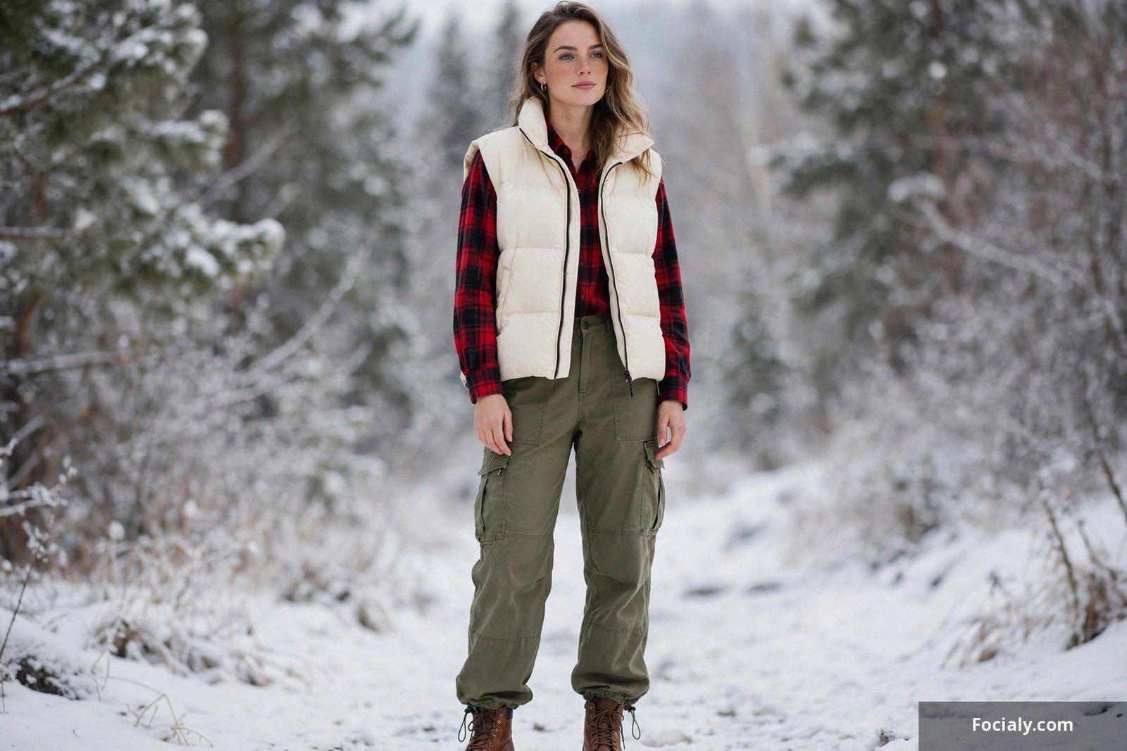 Woman in a cream puffer vest over a red flannel shirt with olive cargo pants and hiking boots on a weekend outing
