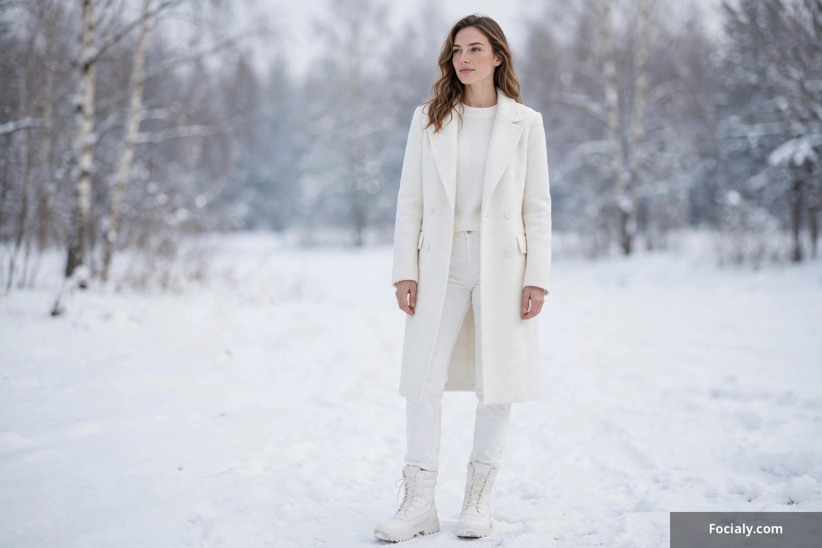 Woman wearing an all-white winter outfit with a white wool coat, white turtleneck, white jeans and cream boots in falling snow